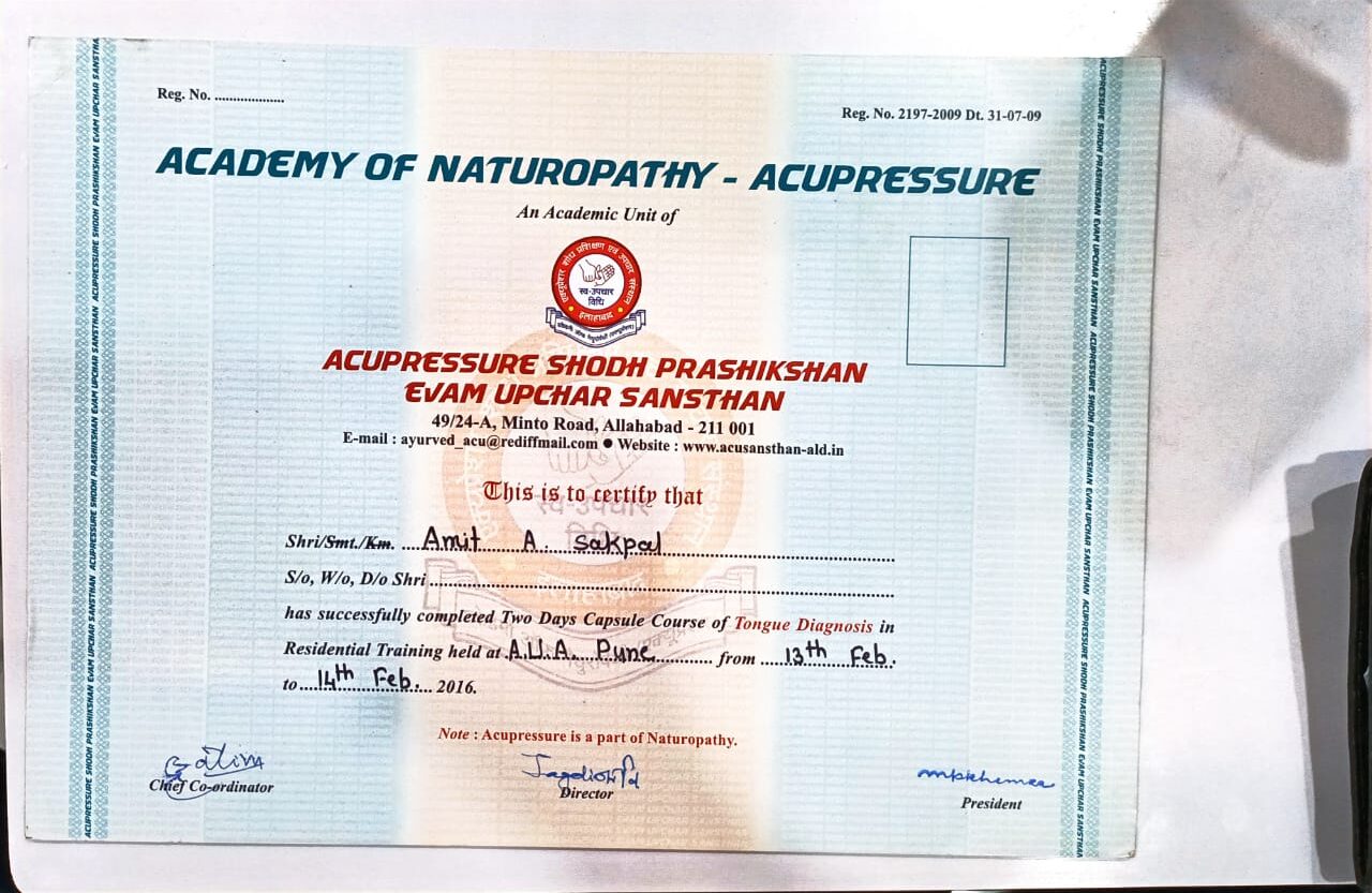 Certificates Acupressure Acupuncture treatment